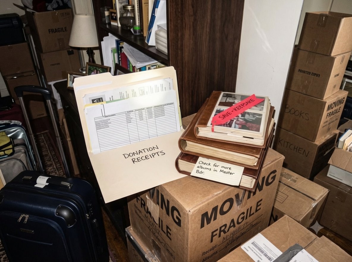A family home mid-cleanout, with photo albums set aside as keepsakes and a folder of donation receipts